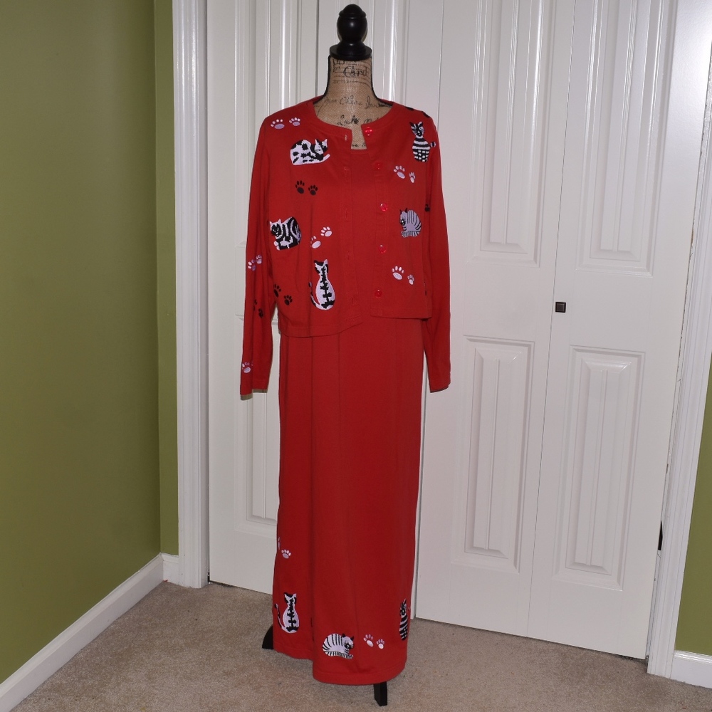 Red Embroidered Cats Dress with Cardigan M